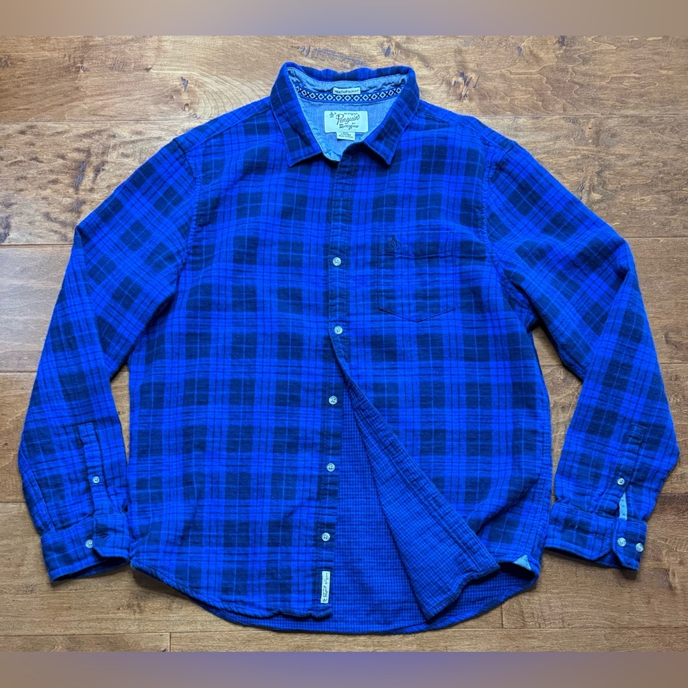 Original Penguin Blue Plaid Flannel Shirt Mens XXL Slim Fit